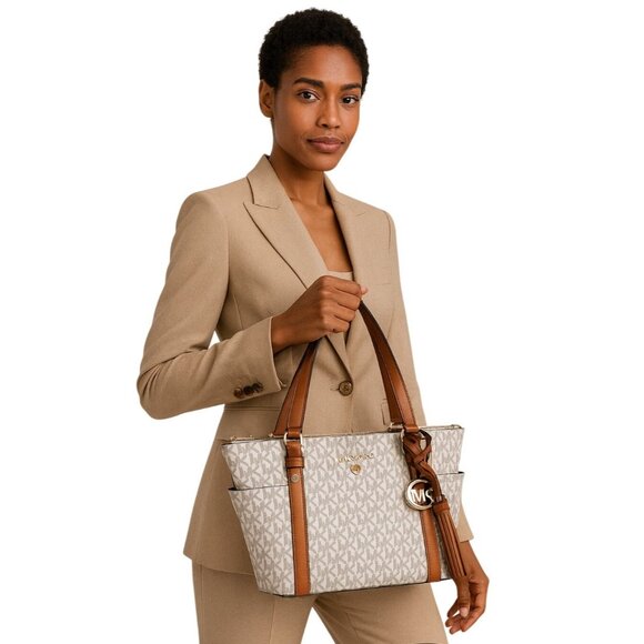 Michael Kors Sullivan Tote Bag  Vanilla Acorn Chic Convertible Style Logo Tassel - Picture 8 of 12